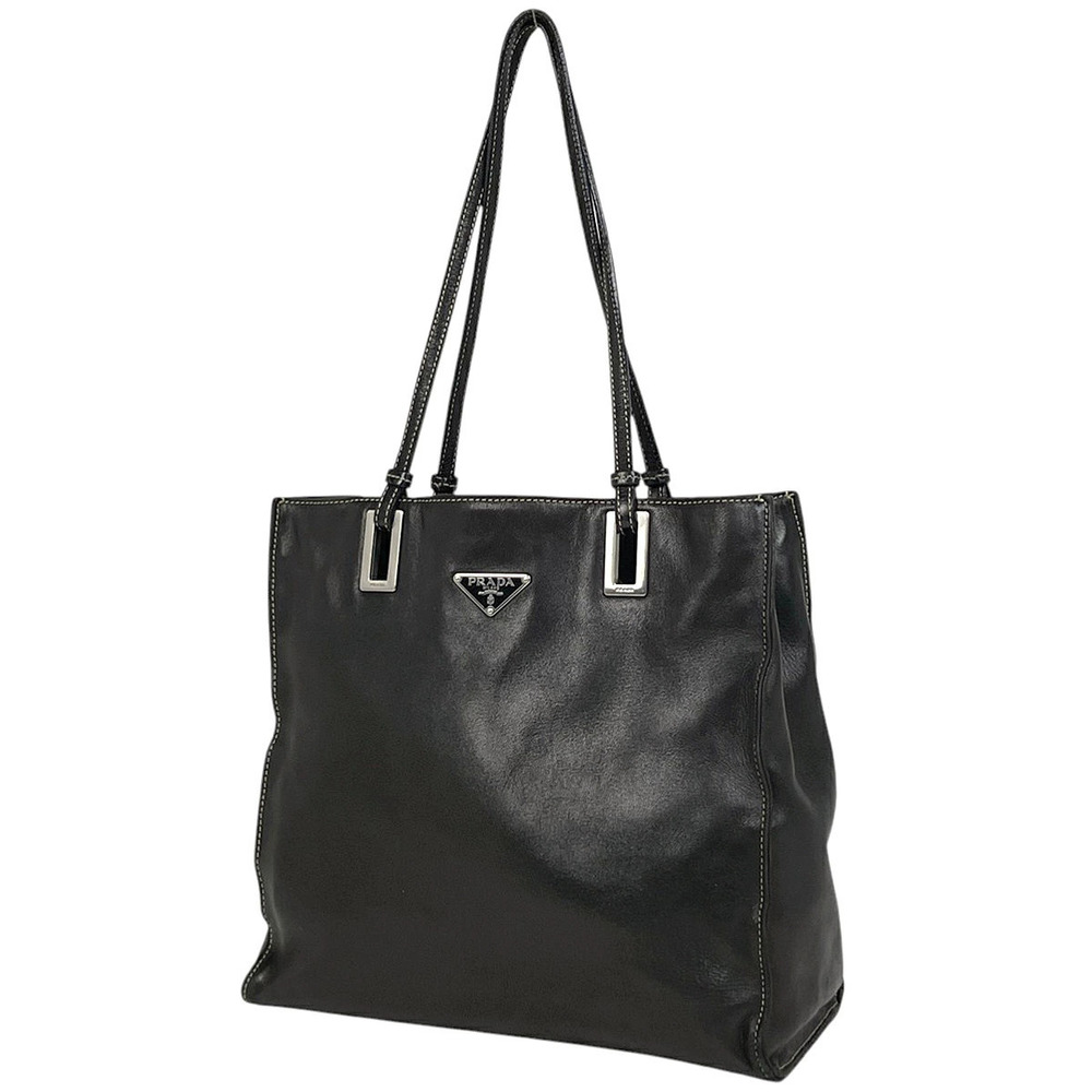 Prada Plate Tote Bag Shoulder Leather Nero Black